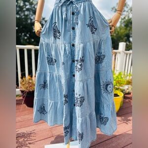 Blue Embroidered Maxi Skirt